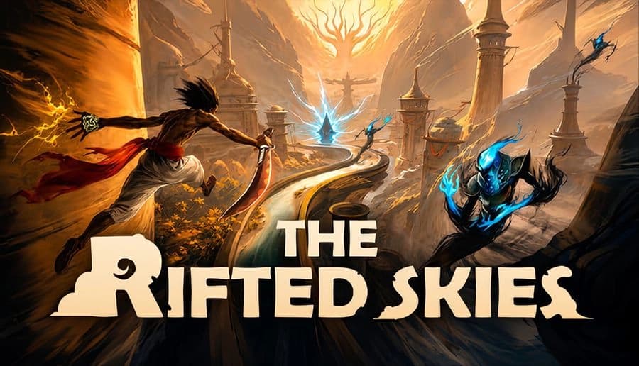 The Rifted Skies: warrior with red scarf leaps toward blue portal amid ruined spires and golden lightning skies.