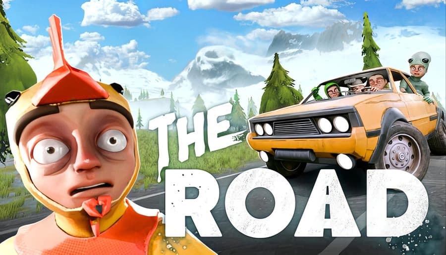 The Road: Bug-eyed young man in chicken hat watches friends speed in yellow car on snowy mountain road.