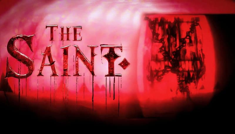 The Saint: Abstract red and black artwork with a shadowy figure on a textured background, exuding a mysterious atmosphere.