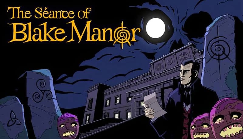 The Séance of Blake Manor: Man reading paper outside manor at night under full moon, surrounded by eerie stone faces.