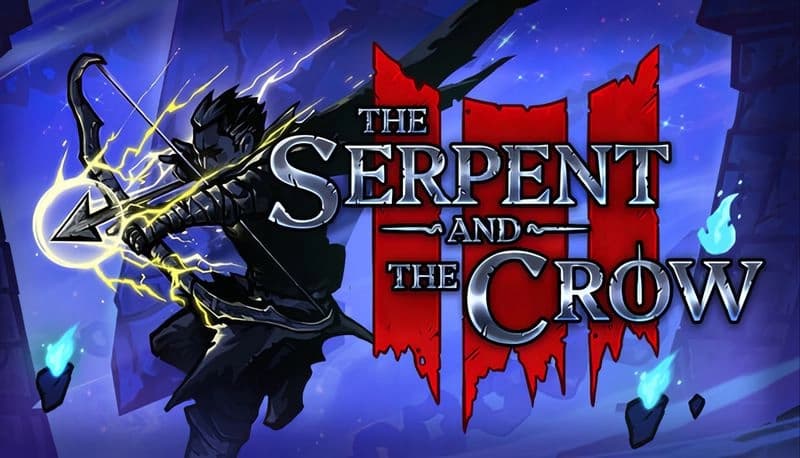 The Serpent and the Crow: Dark archer with glowing bow drawn, amidst glowing ghostly flames and ancient ruins.
