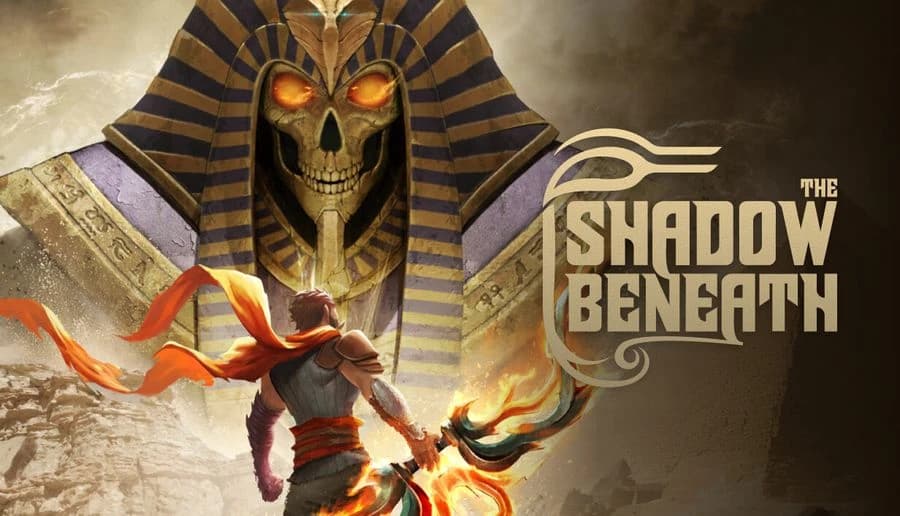 The Shadow Beneath: Warrior raises flaming blade toward giant skull pharaoh statue in sandy temple chamber.