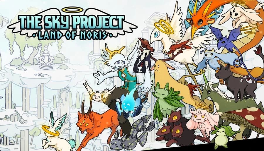 The Sky Project: Blue-skinned woman with winged creatures and animals crowding a sky city of floating spires.