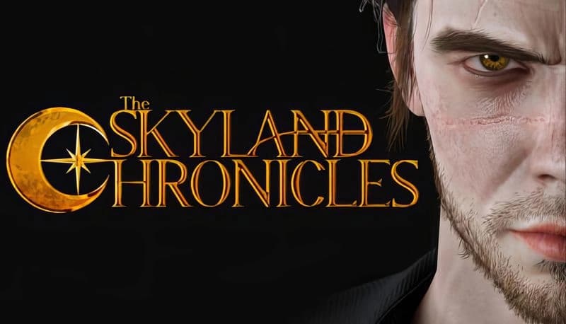The Skyland Chronicles: Close-up of scarred man's face with intense eyes against dark background, revealing rugged features.
