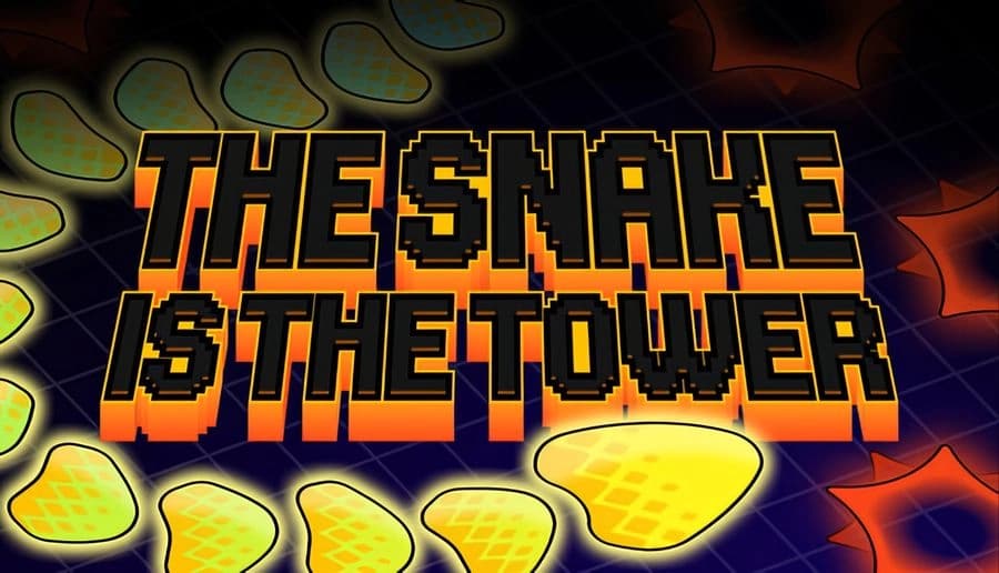 The Snake Is the Tower: Pixelated snake scales and fire-lit stone background behind large blocky title text.
