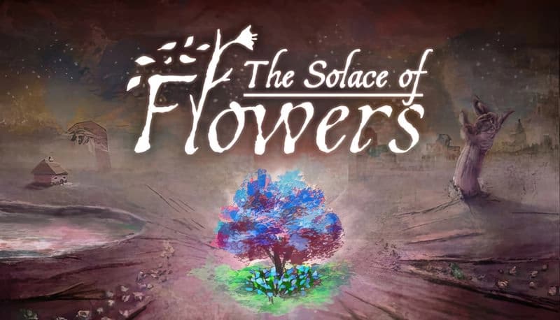 The Solace of Flowers: Vibrant blue tree amidst desolate landscape, misty sky, distant buildings, and gnarled branches.