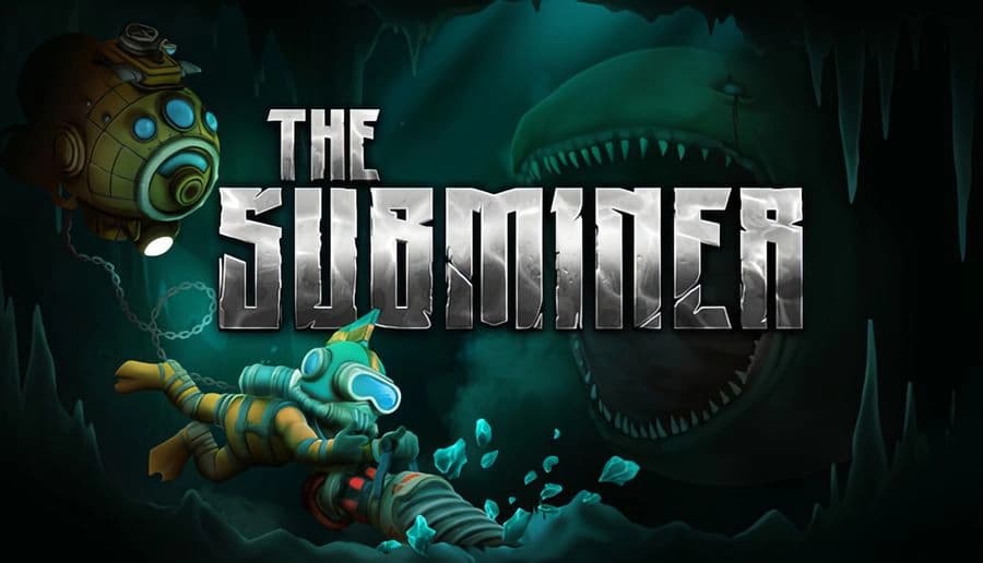 The Subminer: diver in yellow suit drills rock beside a small sub, looming sea monster mouth in dark cave.