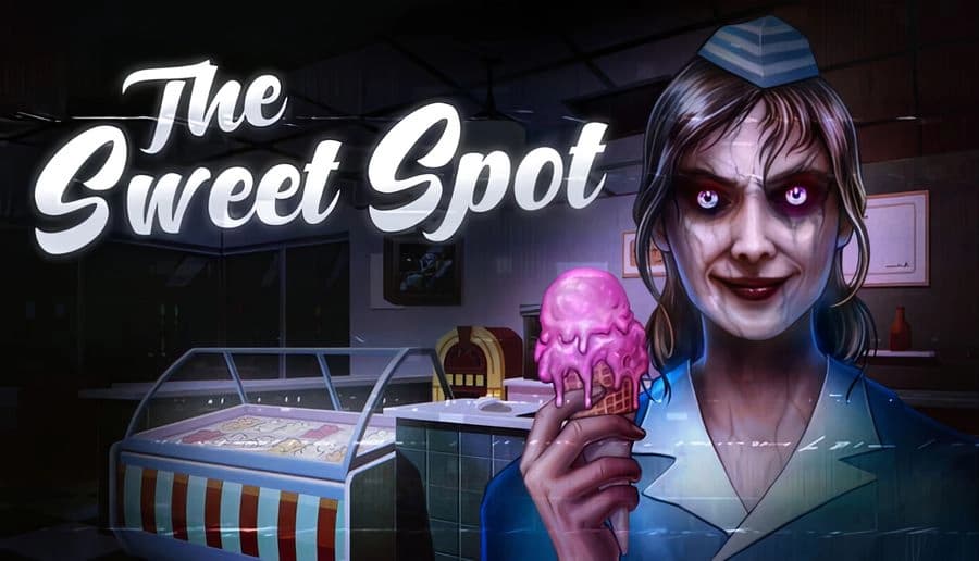 The Sweet Spot: Creepy woman holding ice cream cone, inside dimly lit retro ice cream shop with display freezer.