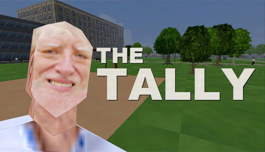 The Tally: close-up of smiling bald man in polygonal style, superimposed over a park and city buildings.