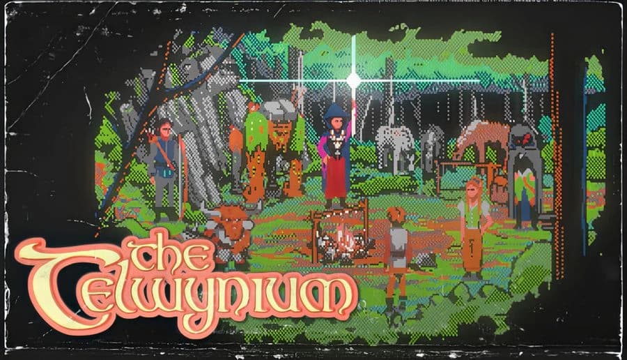 The Telwynium: medieval man in green cloak holding a torch at night beside a stone arch and campfires in rain.