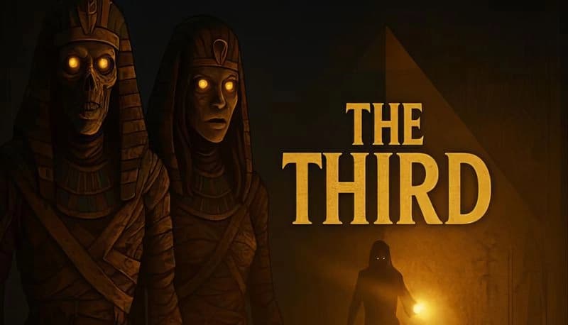 The Third: Two mummified figures with glowing eyes in a dimly lit tomb; a person with a lantern approaches from the darkness.