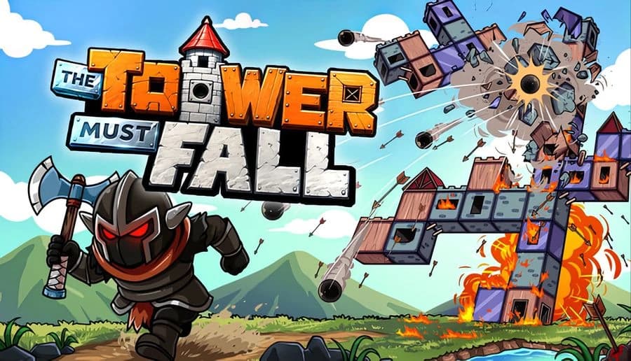 The Tower Must Fall: armored knight holds axe by flaming tower, debris flying as explosives hit in grassy field.