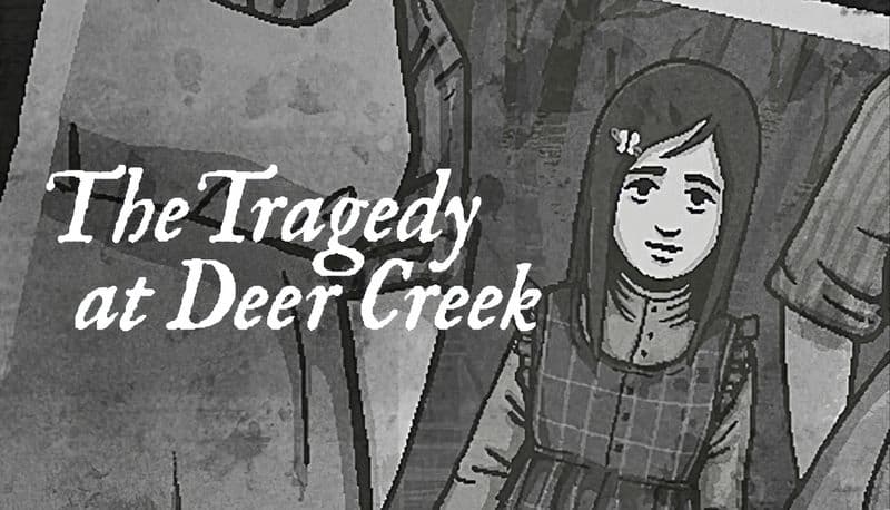 The Tragedy at Deer Creek: Young girl in plaid dress with long hair stands between two adults in grayscale photograph.