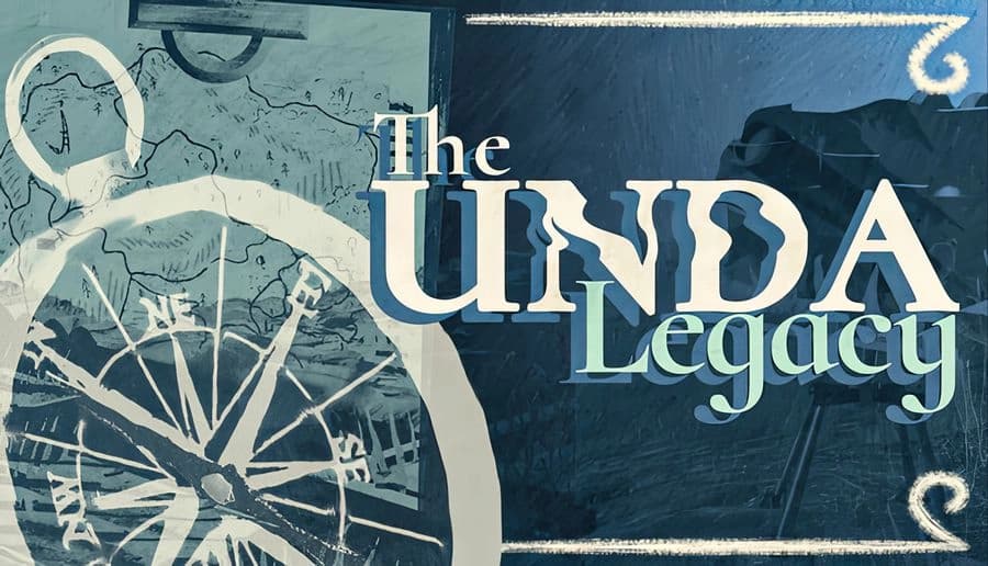 The UNDA Legacy: Large white title over blue water and reeds beside a dark mechanical device on a grassy bank.