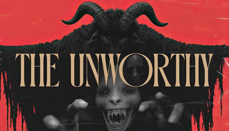 The Unworthy: horned shadow creature with glowing eyes looms over snarling fanged face on red backdrop.