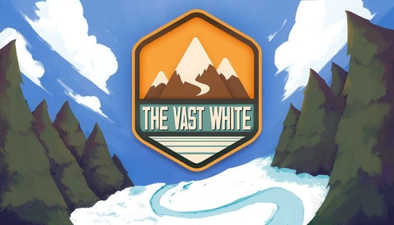 The Vast White: Snowy mountains and pine forest surround a winding path under a bright blue sky with scattered clouds.
