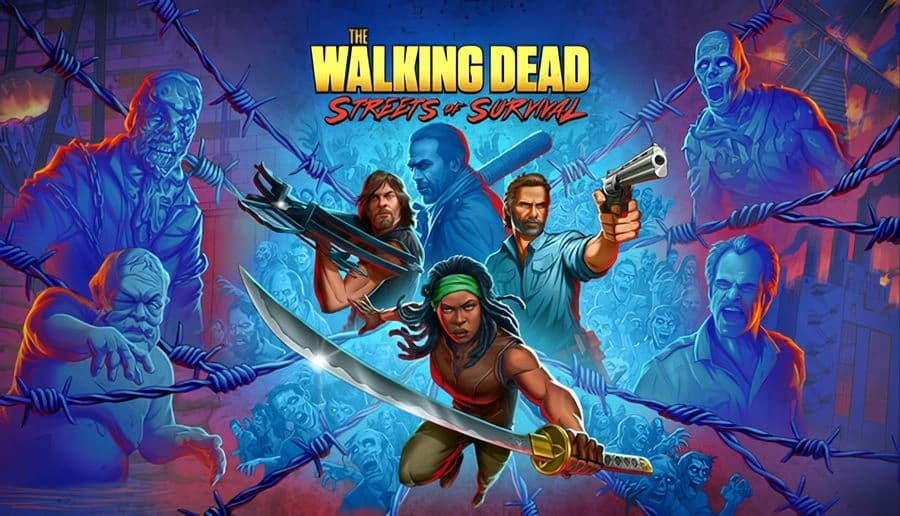 The Walking Dead: Michonne swings a katana as Rick aims a pistol, Daryl stands behind in a blue battle montage backdrop.