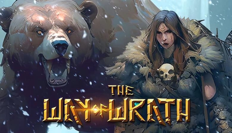 The Way of Wrath: Fierce woman in fur armor with skull necklace stands beside roaring bear in snowy wilderness setting.