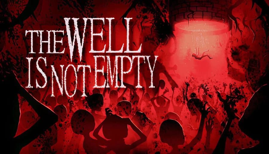THE WELL IS NOT EMPTY: Shadowed people reach toward a red glowing pit with a falling figure in a dark cavern.
