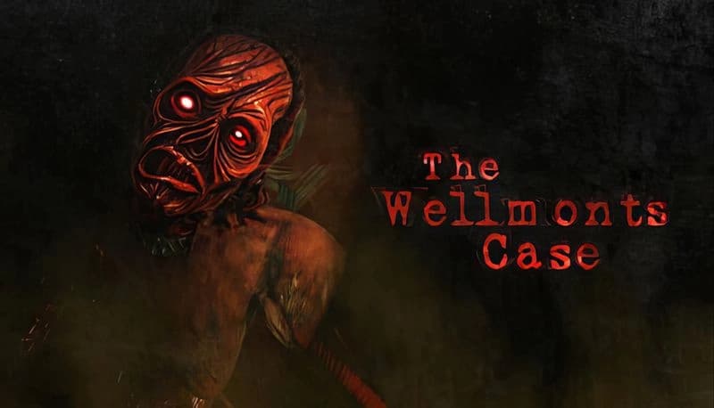 The Wellmonts Case: A sinister, red-eyed wooden mask figure looms in darkness, creating a haunting horror atmosphere.