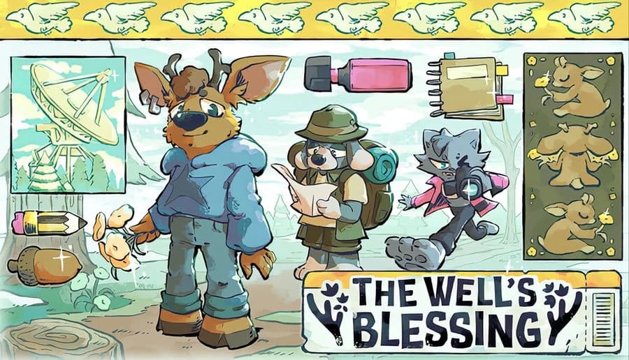 The Well’s Blessing: Deer man with lit torch watches map-reading explorer and gray cat amid notes, maps, sketches.