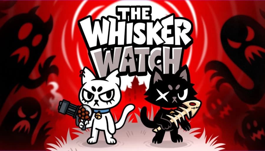 The Whisker Watch: two armed cartoon cats, white and black, stand back-to-back amid red shadow creatures backdrop.