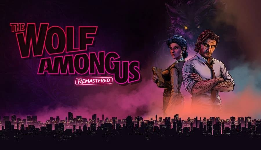 The Wolf Among Us Remastered: Bearded man and woman back to back under wolf face above city skyline at night.