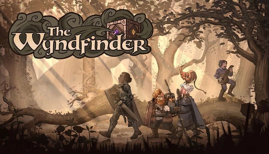 The Wyndfinder: Four adventurers stand with swords and staves in a misty forest clearing beneath tall trees.