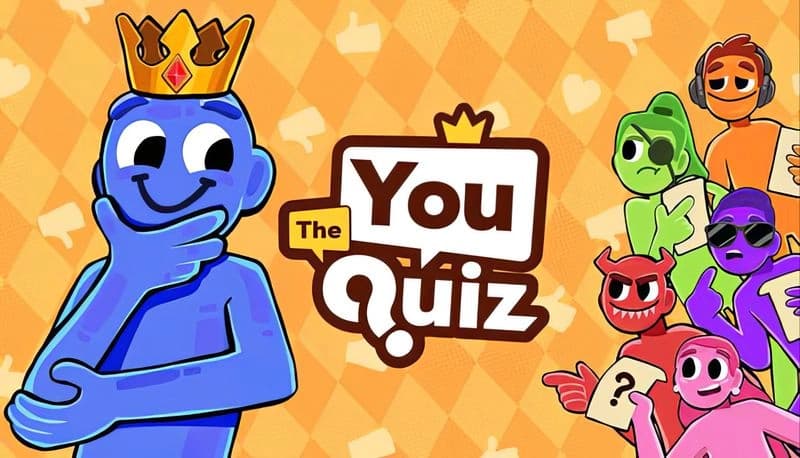 The You Quiz: Blue figure with crown ponders; colorful characters hold papers in vibrant orange backdrop with icons.