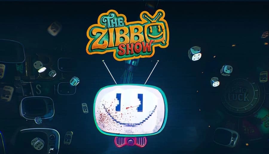 The Zibbo Show: Colorful dice, poker chips, and playing cards fly around a marquee-style title on teal rays background.