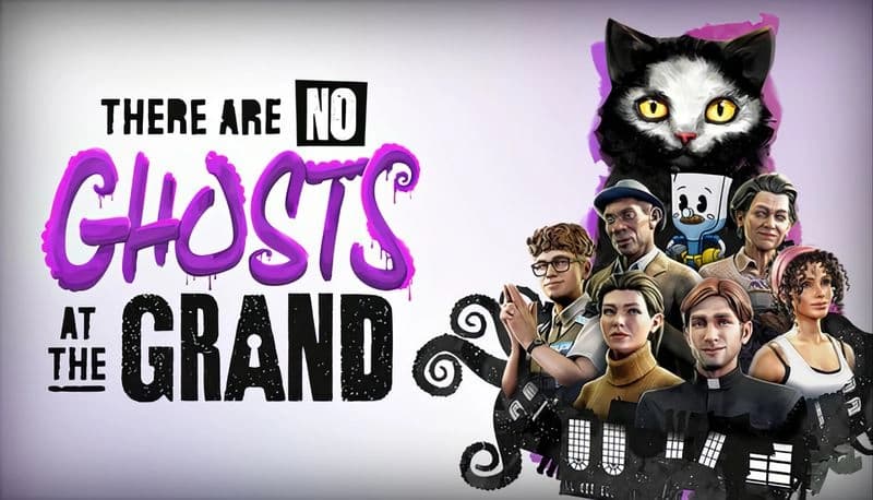 There Are No Ghosts at the Grand: Diverse group with large black and white cat above them, suggesting a mystery setting.