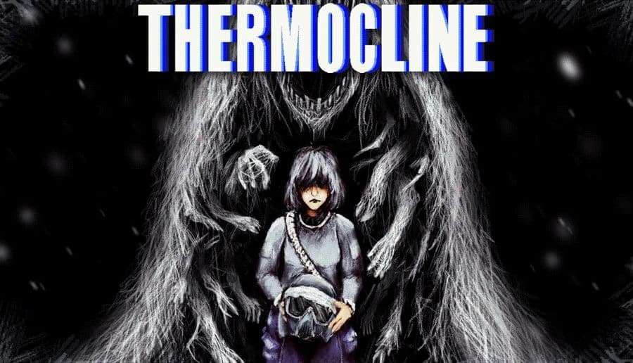 THERMOCLINE: young woman in winter coat clutches a lantern as a towering ghostly monster looms in snowfall.