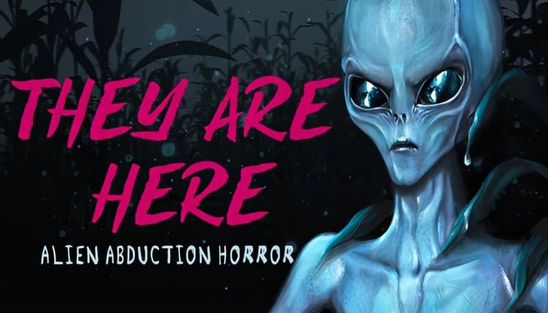 They Are Here: Alien with large eyes stands menacingly at night in tall cornfield, lit by eerie blue light.