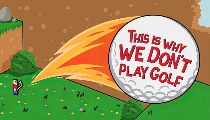 This Is Why We Don't Play Golf: A pixelated man watches a fiery giant golf ball crash into a grassy field in a blocky world.