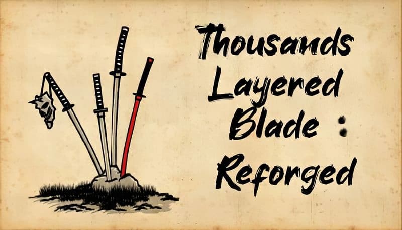 Thousands Layered Blade: Four katanas in stone with a mask on grass, sumi-e art style, against a parchment backdrop.