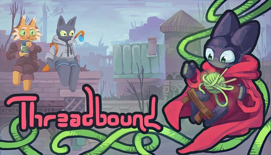 Threadbound: Black cat in red cloak holds green yarn with two cats perched on rooftop ledge above misty city.