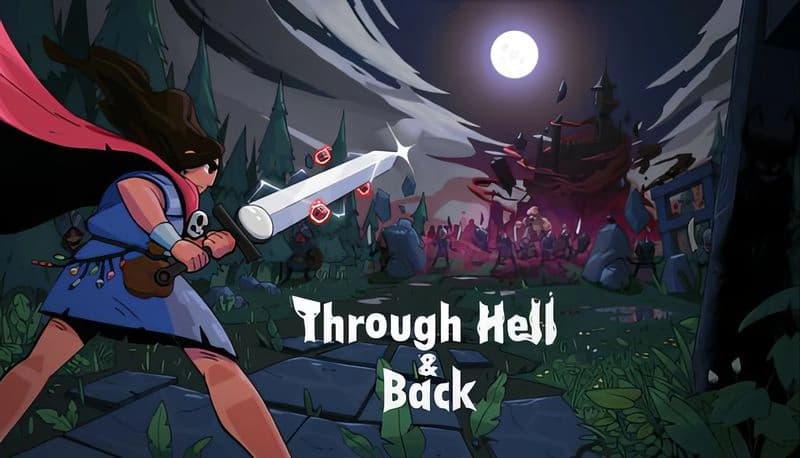 Through Hell and Back: Young woman wielding sword faces monsters under full moon in eerie forest with castle in distance.