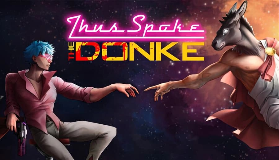 Thus Spoke the Donke: Blue-haired man with pistol reaches toward donkey-headed dancer in white dress, starry space backdrop.