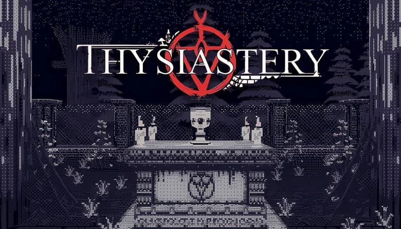 THYSIASTERY: Pixelated altar with chalice, candles in dark forest with towering trees and ancient stone structures.