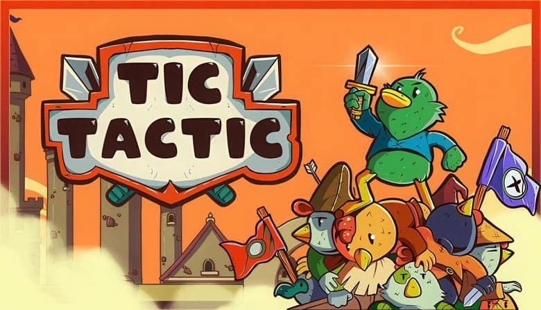 A determined green duck in tunic wields a sword atop a pile of defeated birds, set against a warm orange castle backdrop.