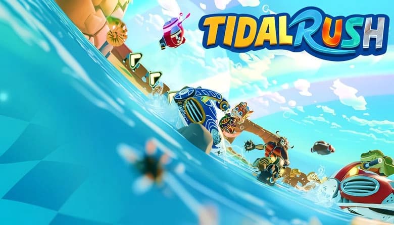 Tidal Rush: Racers on HydroSpeeders navigate twisting watercourse amid vibrant buoys under clear skies in fast-paced contest.