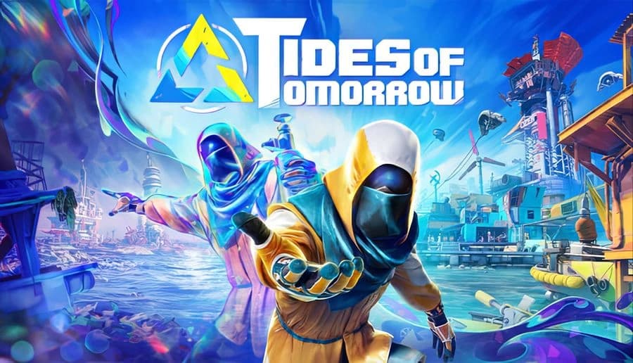 Tides of Tomorrow 🌊: Two cloaked figures in glowing attire stand in a swirling blue and yellow environment with abstract forms.
