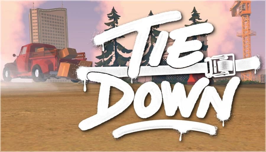 Tie Down: Red pickup truck on dirt lot near city buildings, pine trees, and a construction crane at sunset sky.