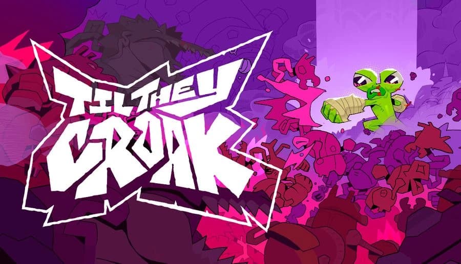 TIL THEY CROAK: Green fistfighter punching through pile of red monsters, white graffiti title on purple wall backdrop.