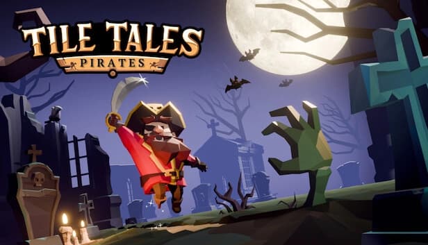 Low-poly pirate captain with a sword leaps through a moonlit graveyard as a zombie hand emerges from a grave.