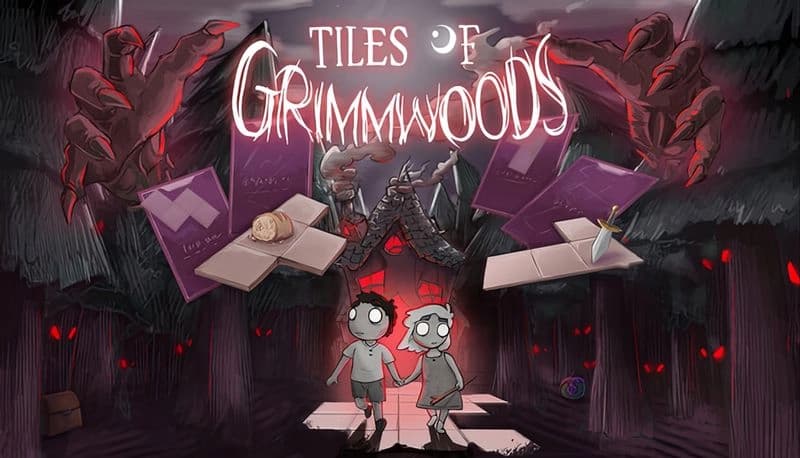 Tiles of Grimmwoods: Young boy and girl holding hands in dark forest with red eyes, ominous castle in background.
