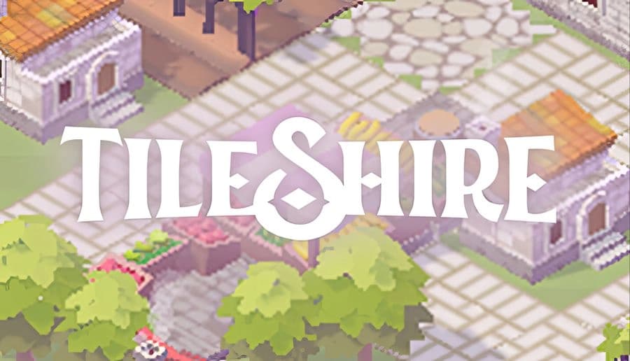 TileShire: white windmill beside red-berried tree and wheat fields on grassy tiles under large title text.