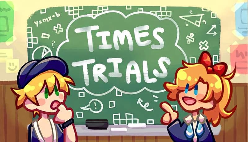 Times Trials: Young boy and girl in classroom setting, discussing math on chalkboard with playful expressions and gestures.