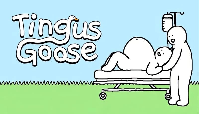 Tingus Goose: Stick figure comforts another on a stretcher with IV stand in grassy field, under a bright blue sky.