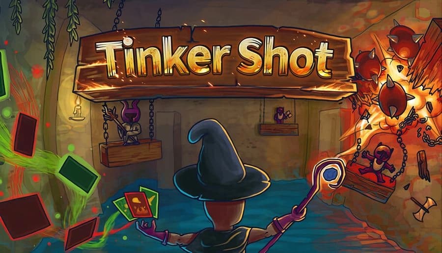 Tinker Shot: wizard raises a glowing staff toward exploding bombs and monsters inside a cluttered wooden tavern room.